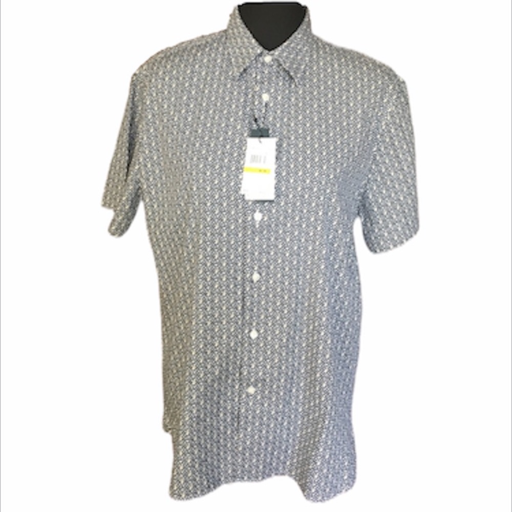 Perry Ellis Polka Dot Shirt, Blue, Tan, Medium